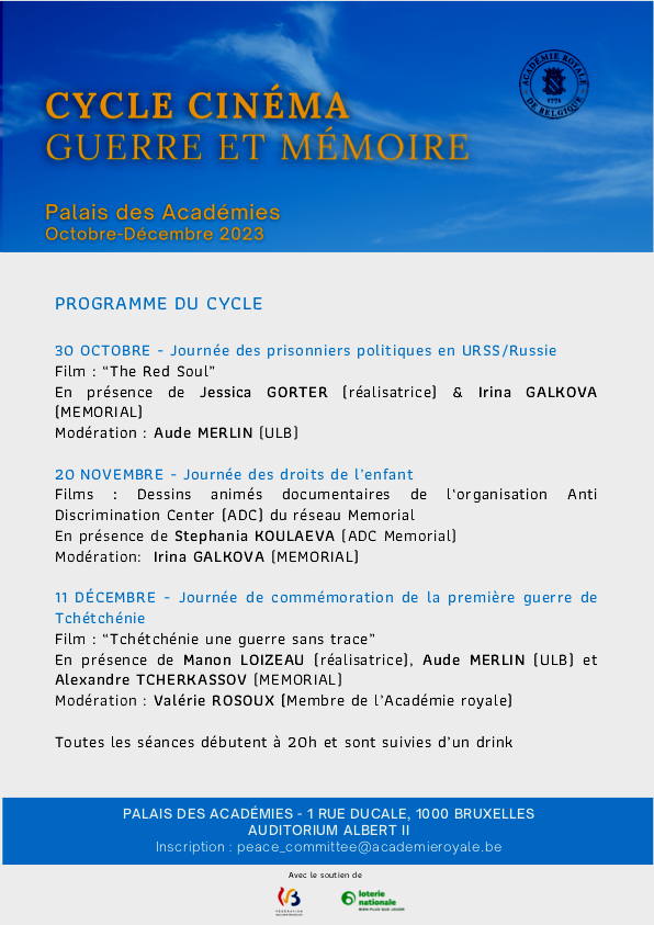 Affiche. Cycle cinéma « Guerre et Mémoire » organisé par l|Académie royale. Projection de « The red soul ». 2023-10-30